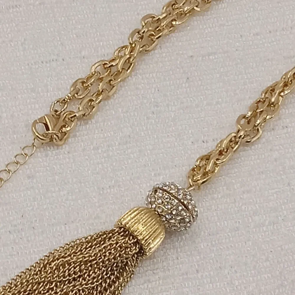 Gold Tone Chain Tassel Necklace Crystal Ball Cap